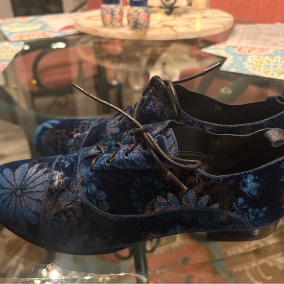 Blue Floral Velvet & Leather Oxfords by ALLBLACK - Picture 3 of 7